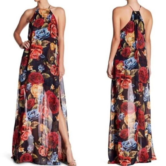 Show Me Your Mumu Floral Bronte Halter Maxi Dress Side Slits Size XS - Picture 1 of 11